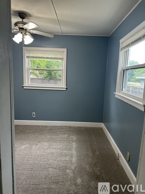 A room with blue walls and a ceiling fan.