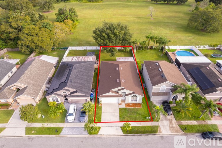 A red outlined area in a residential neighborhood.