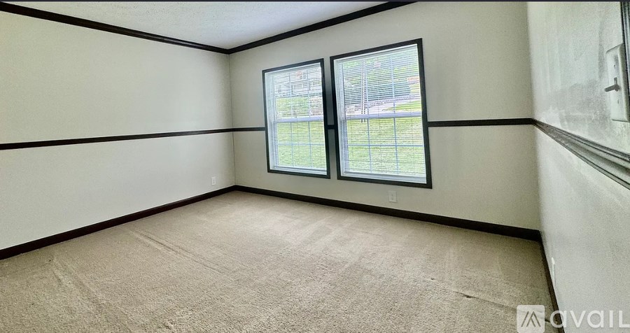 A room with a carpeted floor and two windows.