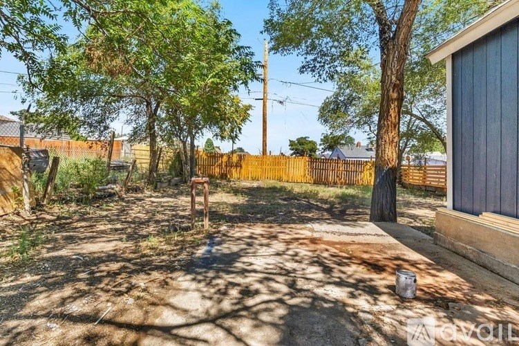 A backyard with a tree, a fence, and a shed.