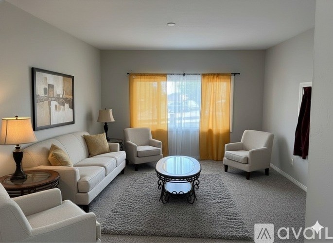 A room with a table and chairs in front of a window with curtains.