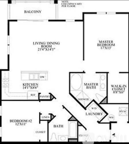 A floor plan of a house with a balcony, living/dining room, kitchen, pantry, two bedrooms, a master bedroom, a master bath, a walk-in closet, and a laundry area.