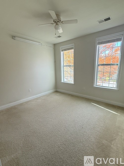 A room with a carpeted floor, a ceiling fan, and two windows.