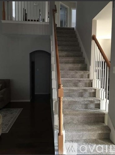 A staircase with a wooden handrail and a carpeted floor.