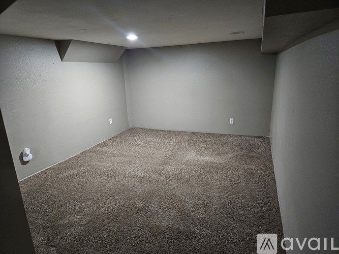 A carpeted room with a light on the ceiling and two switches on the wall.