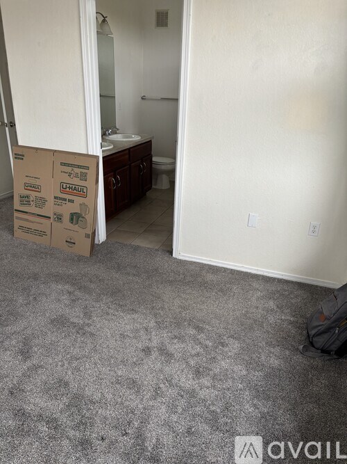 A room with boxes on the floor and a bathroom visible in the background.