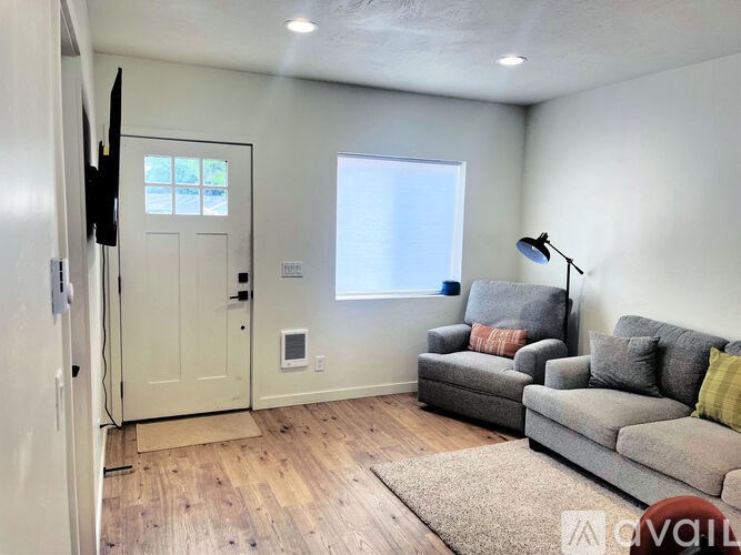 A living room with a grey couch and a white door.