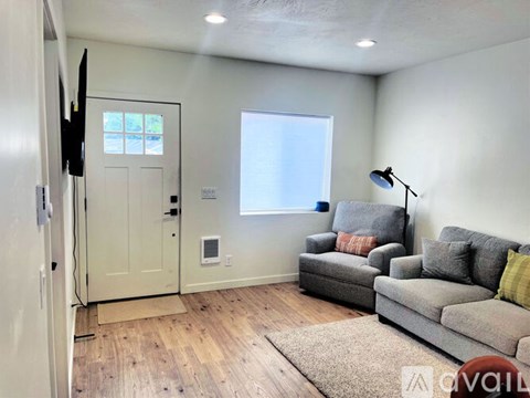 A living room with a grey couch and a white door.