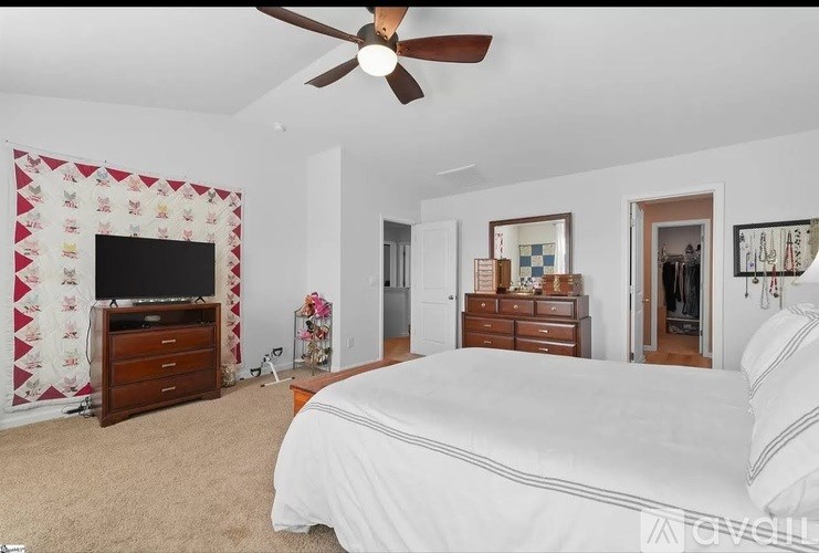 A bedroom with a large bed, a television, and a ceiling fan.