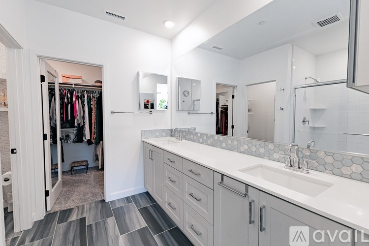 A bathroom with a walk-in closet and a vanity with a mirror.
