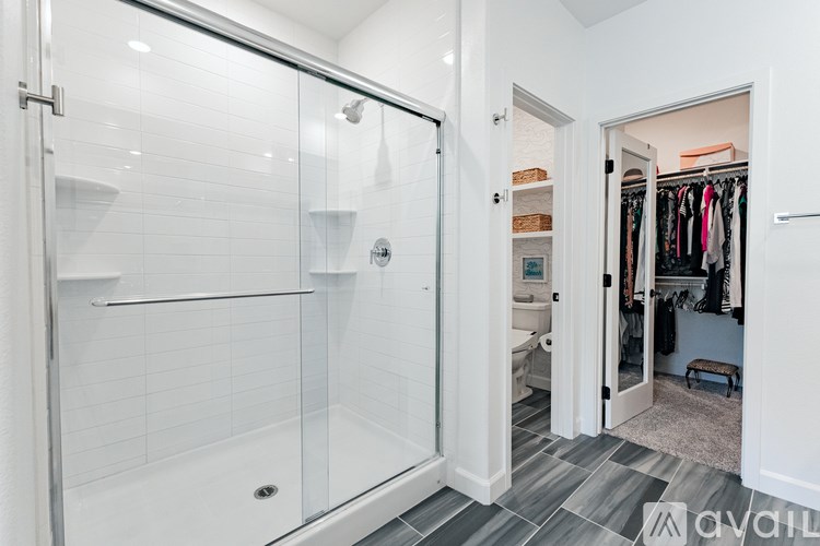 A bathroom with a walk-in shower and a view into a bedroom.