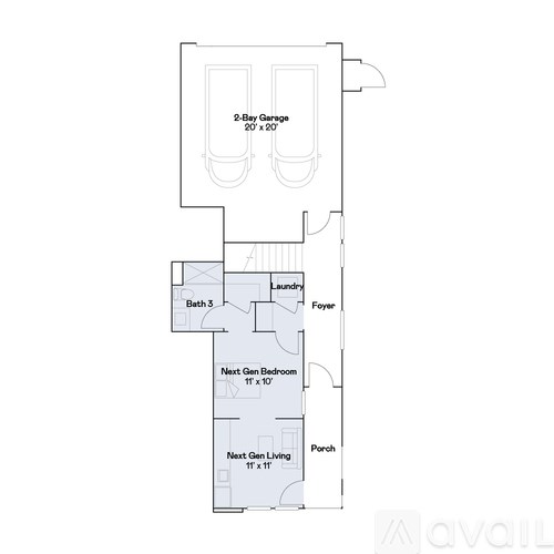 A floor plan of a house with a 2-Bay Garage, Bath 3, Next Gen Bedroom, Next Gen Living room, and a Foyer.