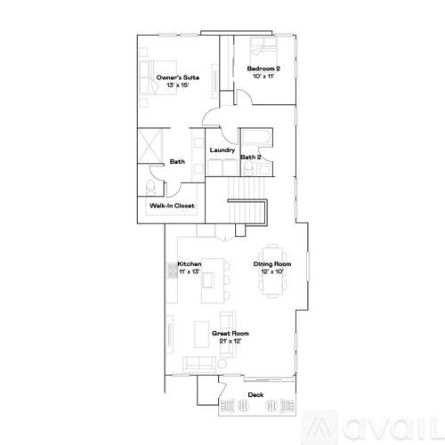 A floor plan of a house with a kitchen, dining room, and two bedrooms.
