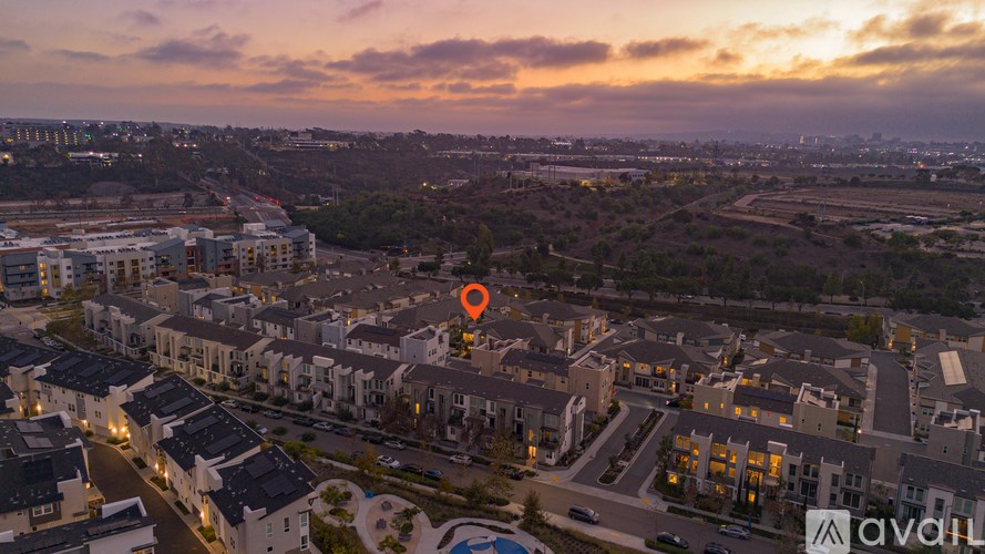 A housing development with a red marker indicating a specific property.