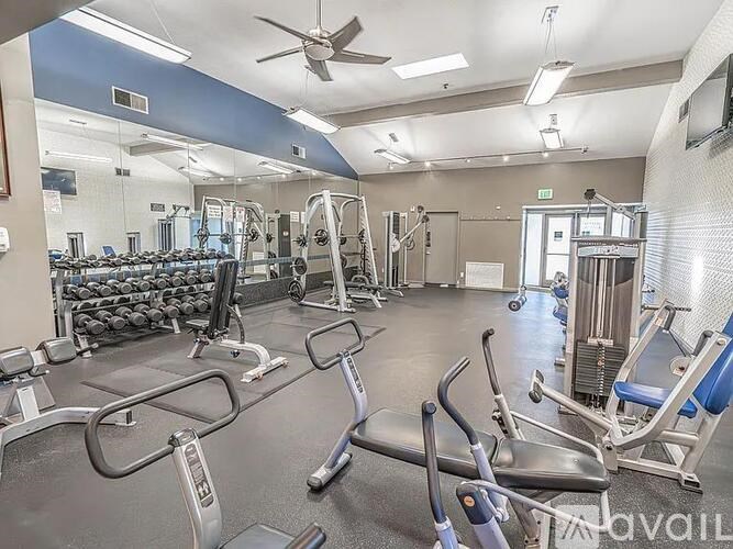 A gym with a variety of equipment including treadmills, weights, and exercise machines.