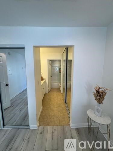 A hallway with a white wall and a glass door leading to another room.