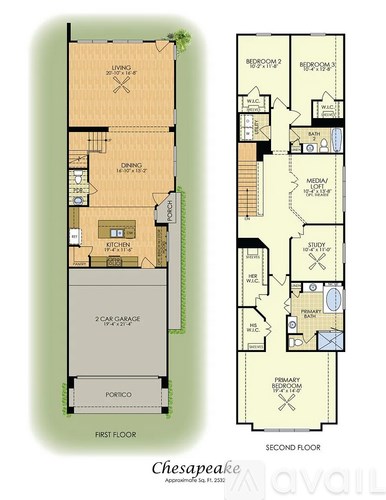 A floor plan of a two-story house with a living room, two bedrooms, a study, a garage, and a porch.