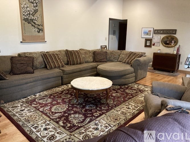 A living room with a grey sofa and a rug.