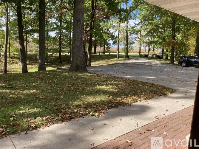 A driveway with a car parked on the side and trees in the background.