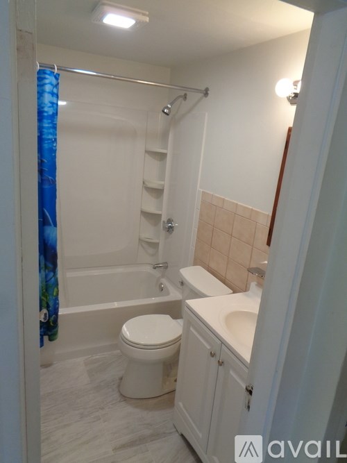 A bathroom with a toilet, sink, and shower.