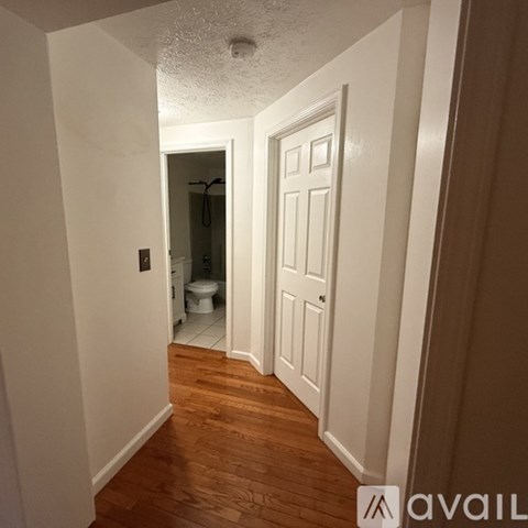 A hallway with a toilet visible through the door.