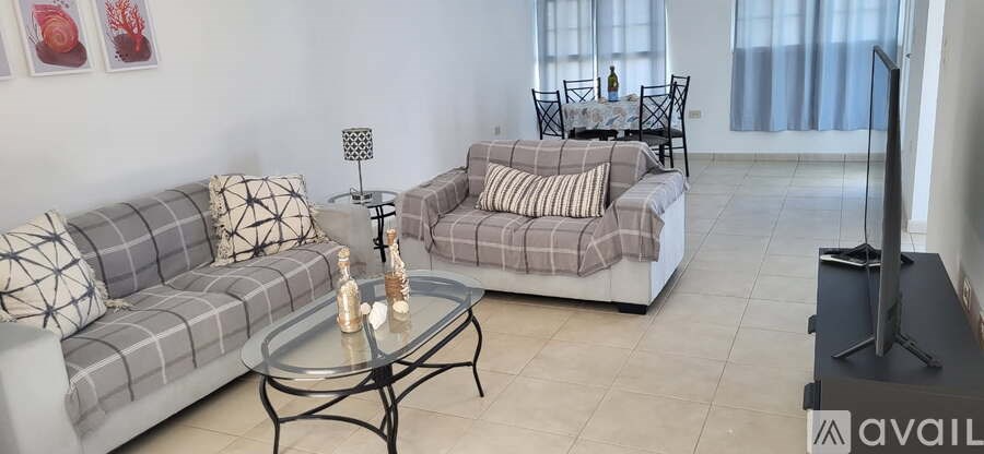 A living room with a grey couch, a black coffee table, and a television.