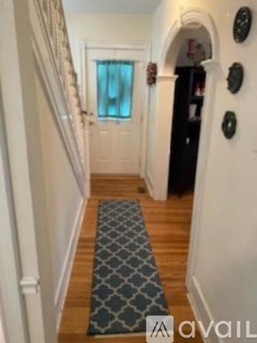 A hallway with a patterned rug on the floor.