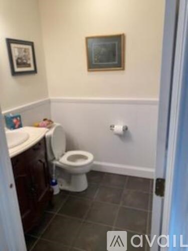 A bathroom with a toilet, sink, and a picture on the wall.