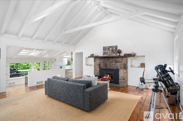 A living room with a grey couch and a fireplace.