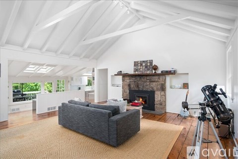 A living room with a grey couch and a fireplace.
