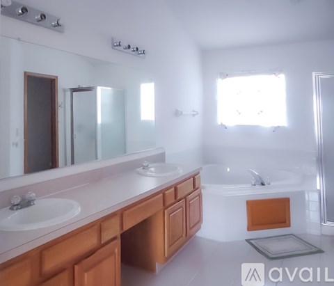 A bathroom with a white countertop and a large mirror.