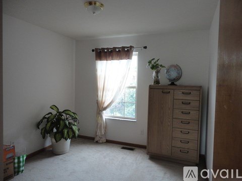 A room with a window, curtains, a potted plant, a wooden cabinet, and a globe on top of it.