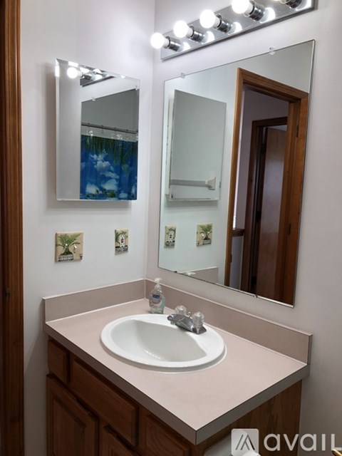 A bathroom with a sink and mirror.