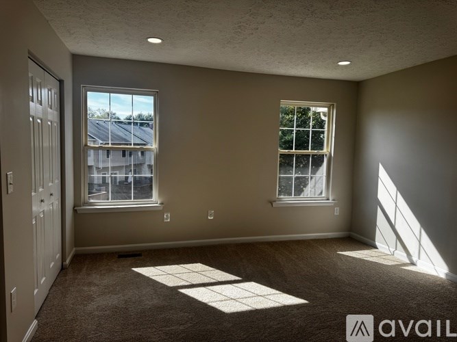 A room with two windows and a carpeted floor.
