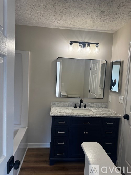 A bathroom with a vanity and a mirror.