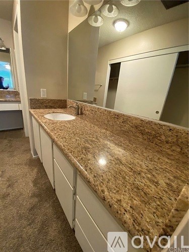 A bathroom with a granite countertop and a large mirror.