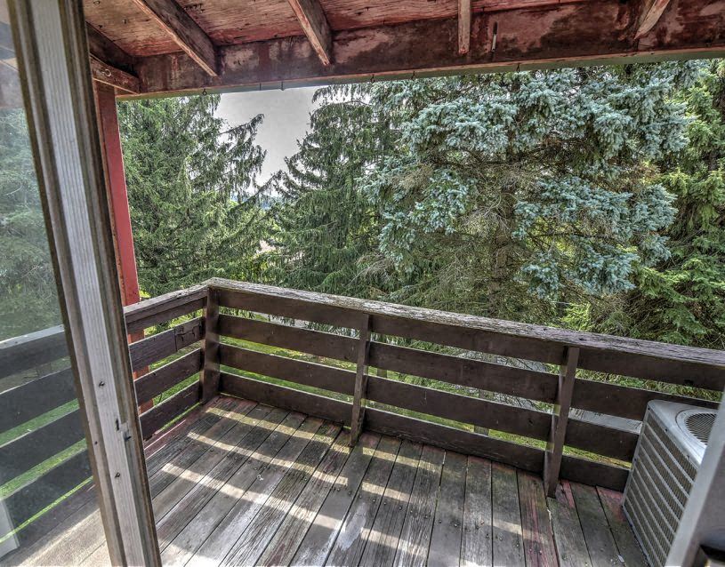 a deck with a view of trees and a forest