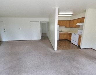 an empty room with a kitchen and a living room