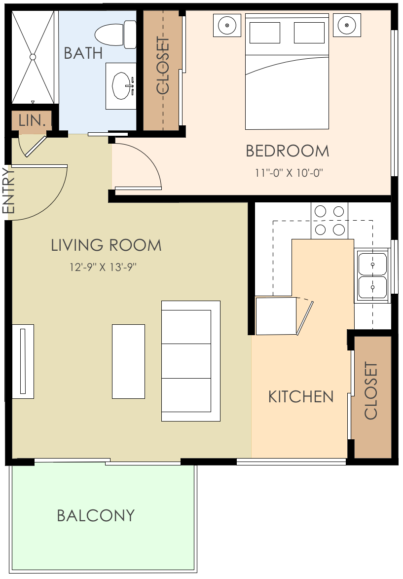 1 Bedroom 1 Bath 496 Sq Ft