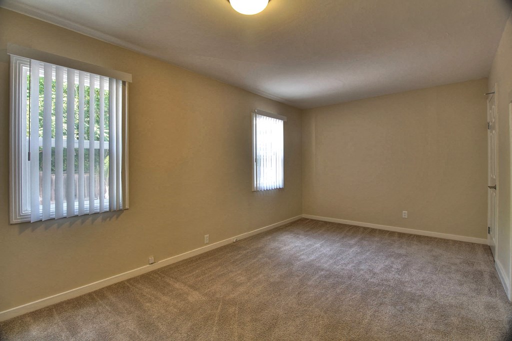 A room with a window and a carpeted floor.