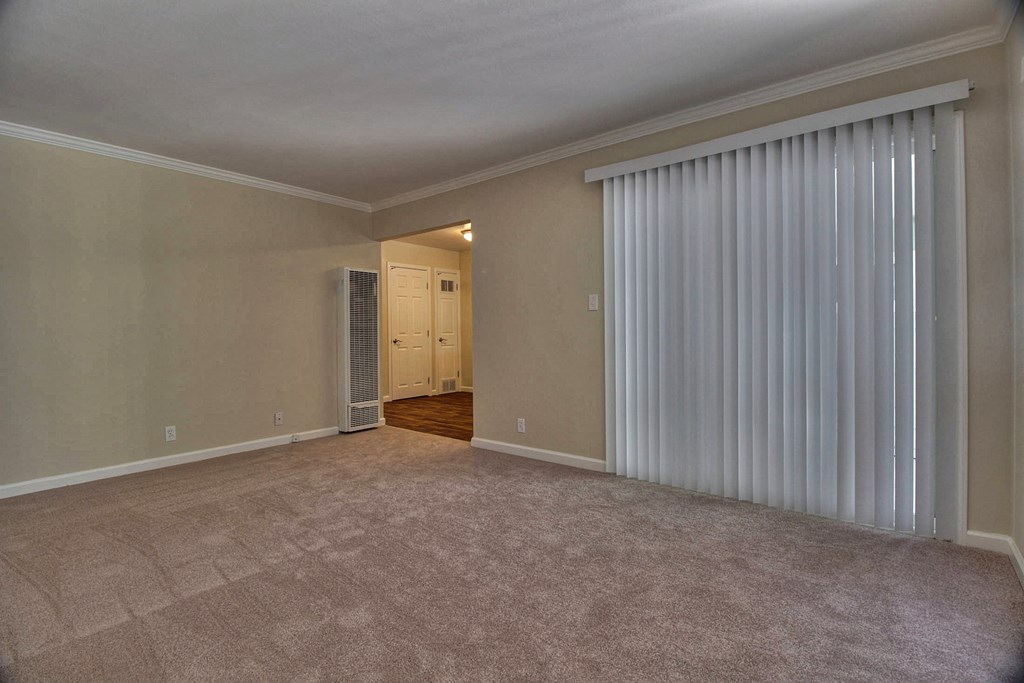 A room with a carpeted floor and a door leading to another room.