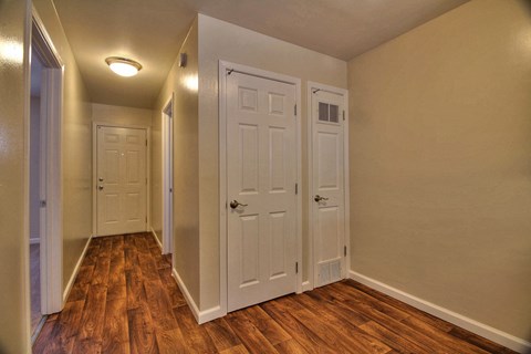 a bedroom with two closets and a hallway with wood floors