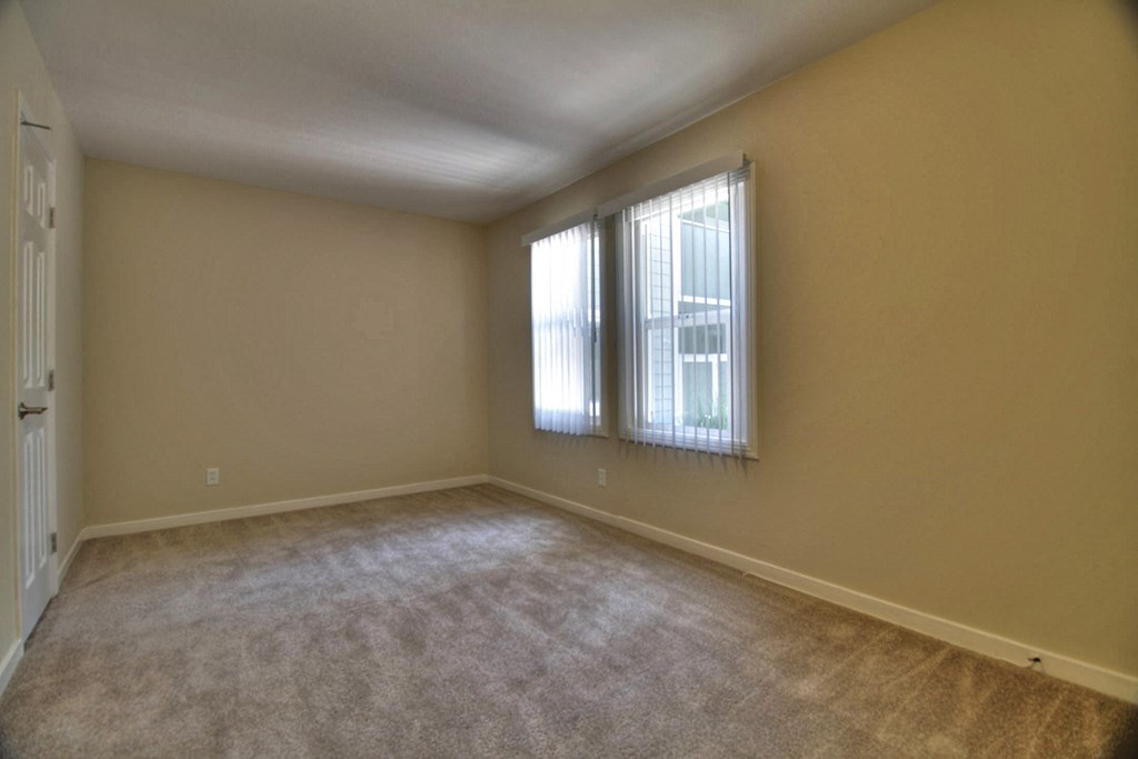 A room with a carpeted floor and a window with blinds.
