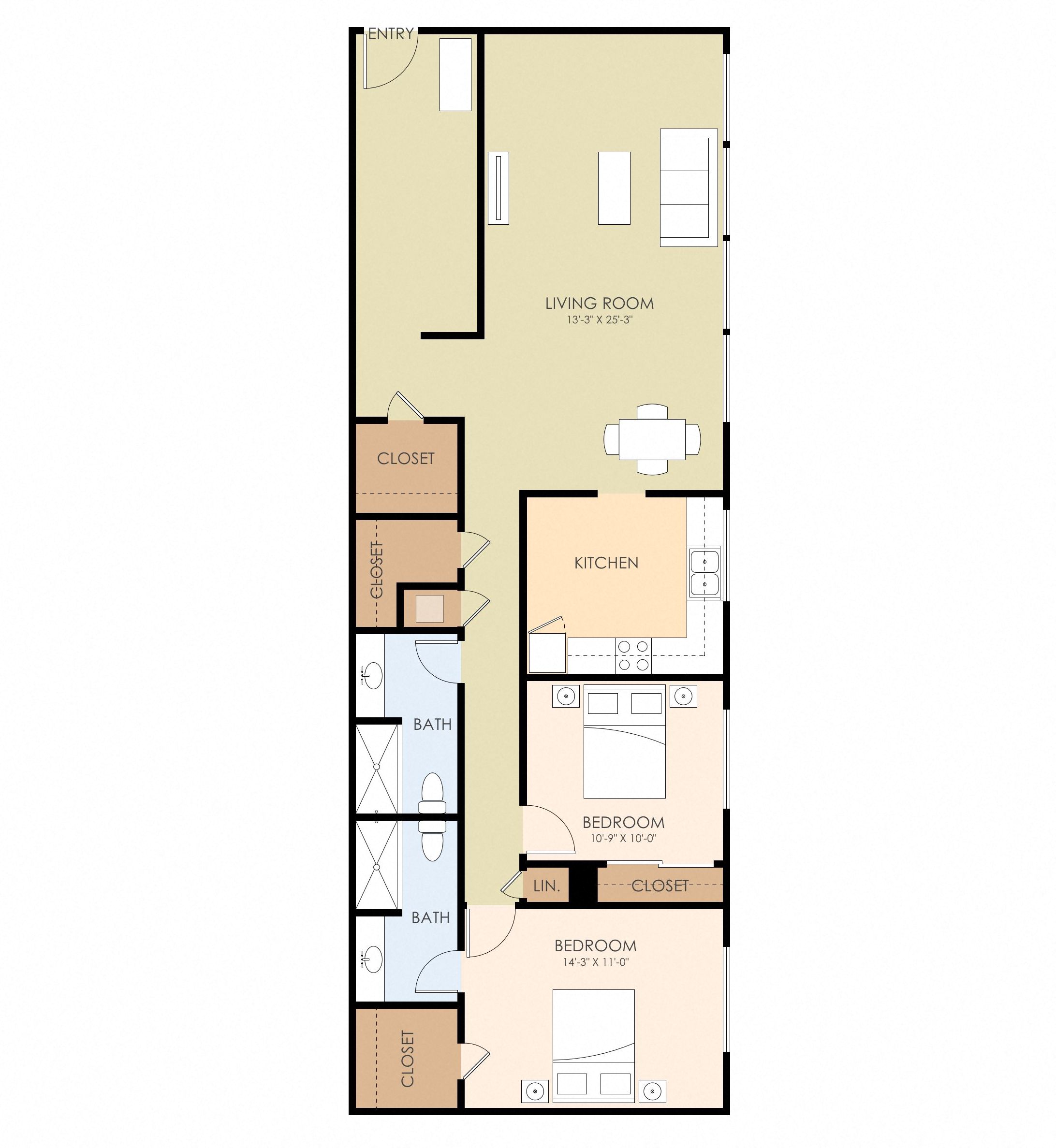 2 bedroom 2 bathroom floor plan A 960 to 1,104 Sq.Ft. at Hamilton, San Jose, 95130