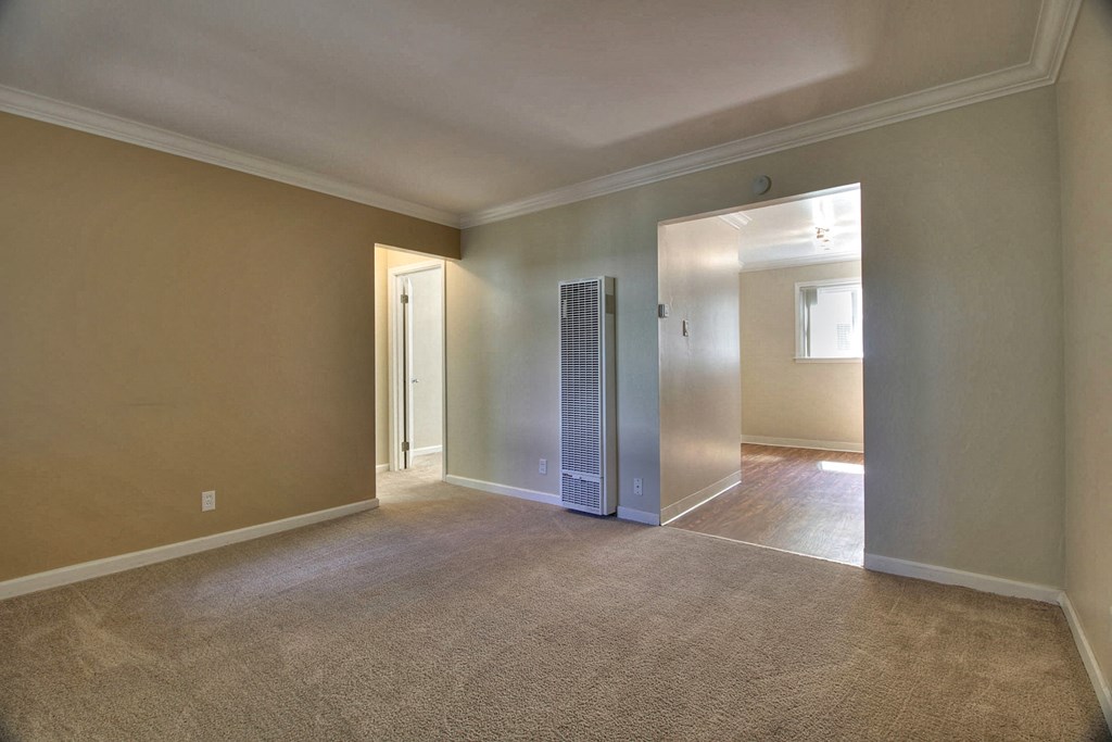 A room with a carpeted floor and a door leading to another room.