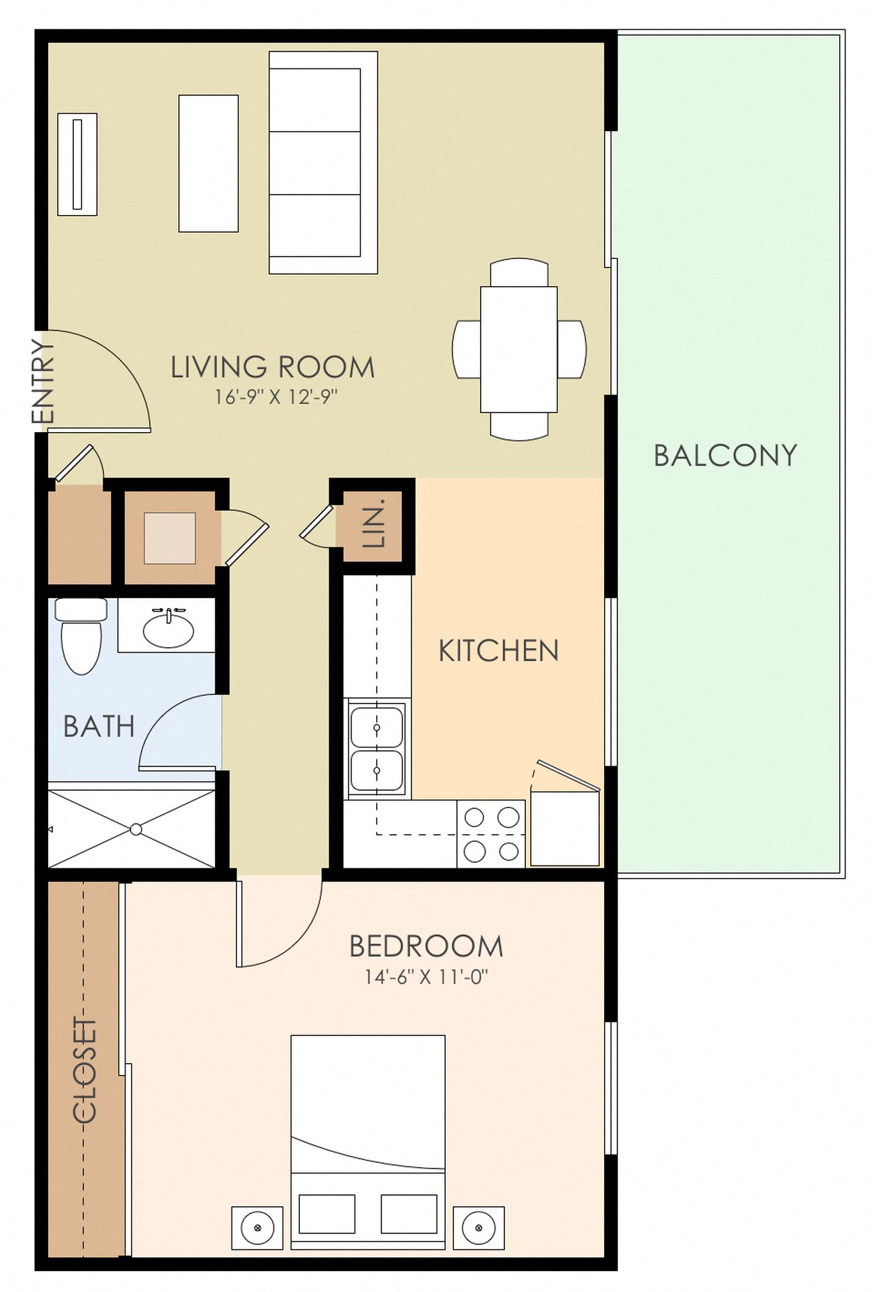 One Bedroom One Bath Floor Plan 579 Sq.Ft. at Maison Massol, California