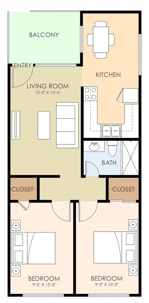 Two Bedroom One Bath Floor Plan at Ranchero Plaza, California, 95117