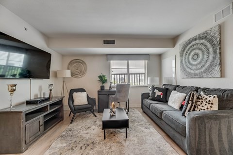 A living room with a grey couch, a black chair, a wooden cabinet, and a rug.