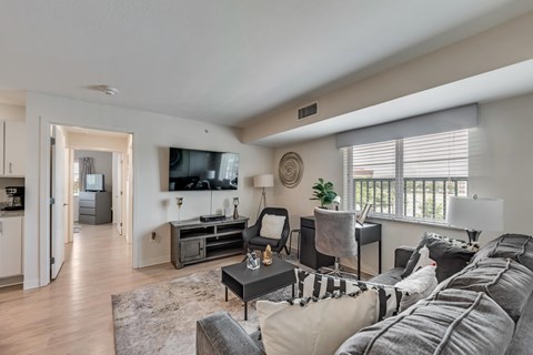 A living room with a grey couch and a black coffee table.