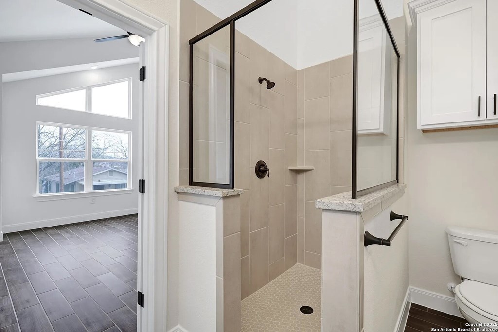 A bathroom with a walk-in shower and a toilet.